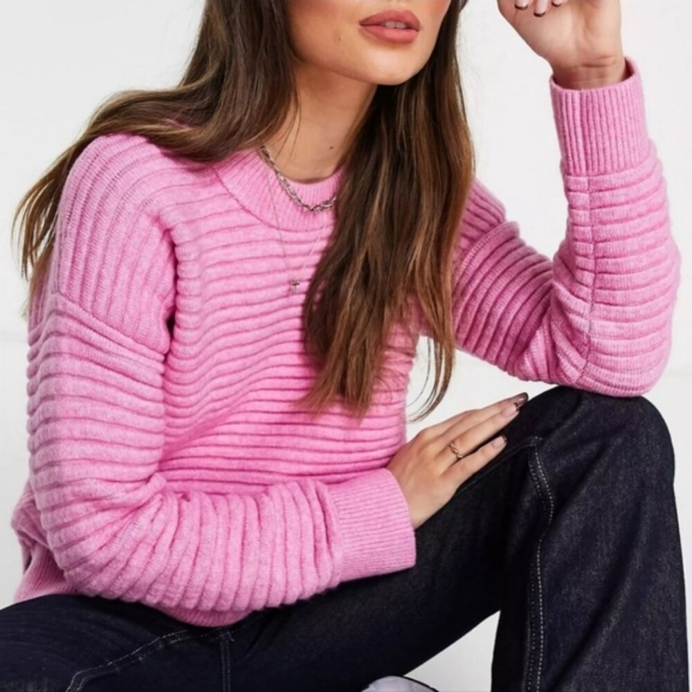 MADEWELL Barbie Pink Heathered Wool Blend Ribbed Oversized Boho Crew‎ Sweater S